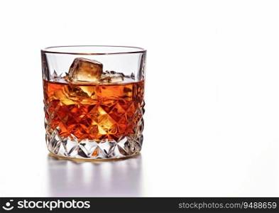 Classic old fashioned cocktail with ice cubes on white.AI Generative