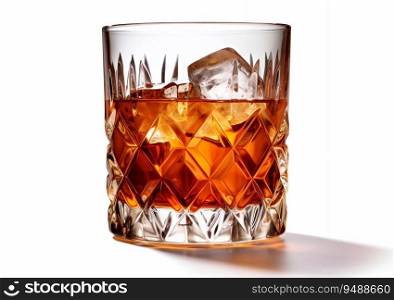 Classic old fashioned cocktail with ice cubes on white.AI Generative