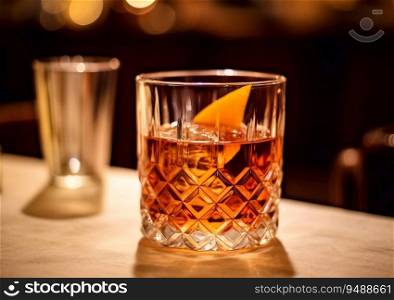 Classic old fashioned cocktail with orange peel on bar counter.AI Generative