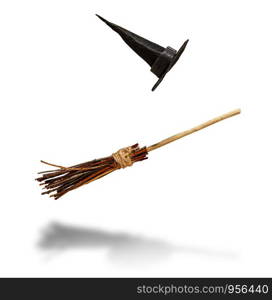 classic pointed witch hat and flying broom flying on a white background. witch flying broom