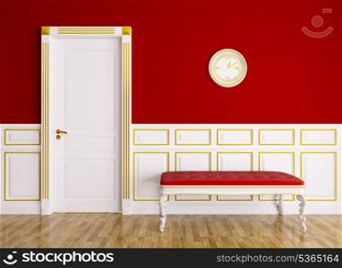 Classic red white interior with couch and door