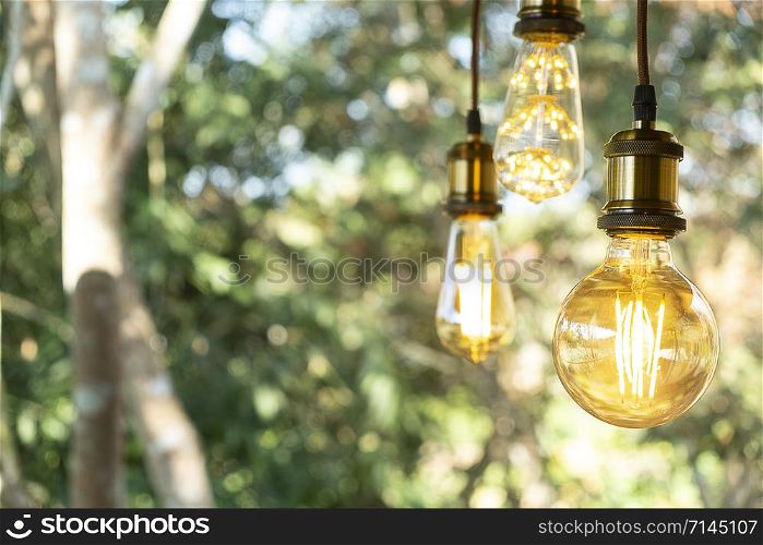 classic retro incandescent led electric lamp warm white on blur background, Vintage light bulb