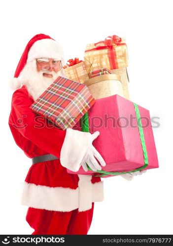 Classic Santa holding a lot of Christmas presents