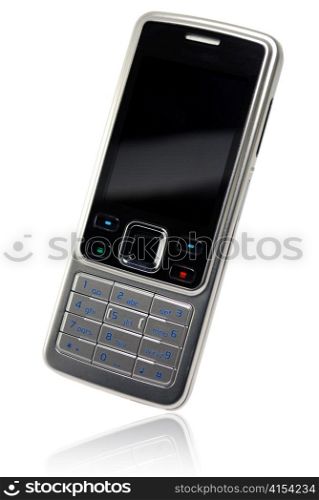 classic silver-black cell phone on white with reflection