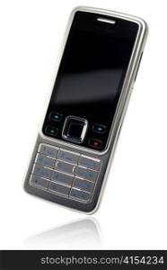 classic silver-black cell phone on white with reflection