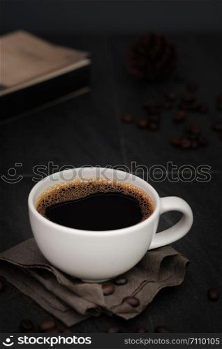 Classic still life with a cup of coffee with copy space, verticle picture.