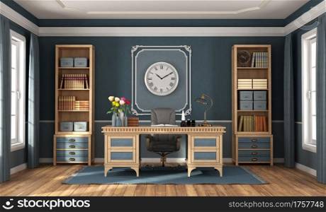 Classic style home office with blue walls, wooden desk and bookcases - 3d rendering. Classic style home office with blue walls and wooden furniture