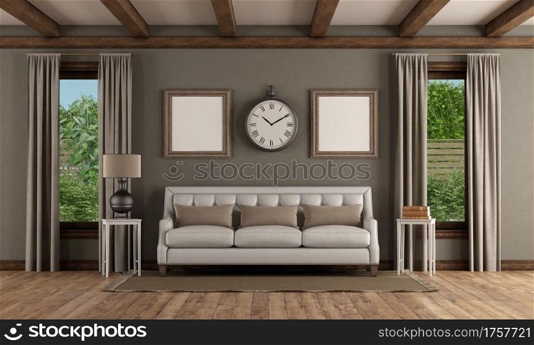 Classic style interior with elegant sofa and two wooden windows - 3d rendering. Classic style interior with elegant sofa