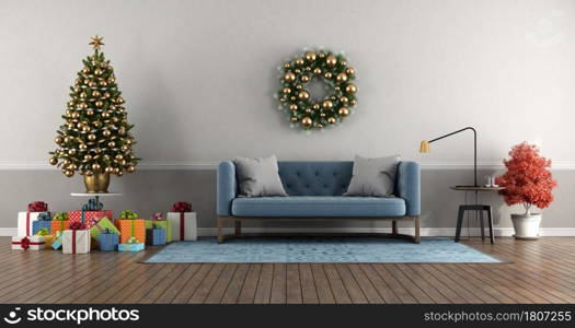 Classic style living room with Christmas tree with colorful gift and blue sofa -3d rendering. Classic style living room with Christmas tree with gift