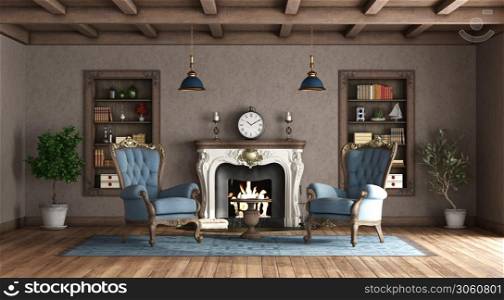 Classic style living room with fireplace , blue armchair and wooden bookcases on wall - 3d rendering. Classic style living room with fireplace and blue armchair