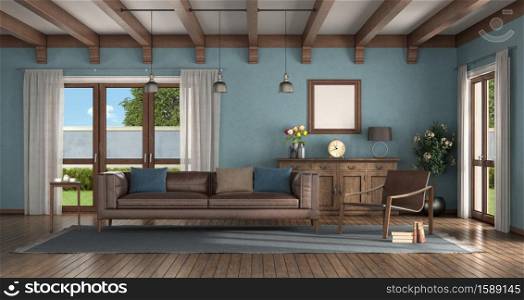 Classic style living room with modern armchair, leather sofa and old sideboard on background - 3d rendering. Classic style living room with blue walls