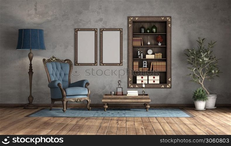 Classic style living room withh old armchair and wooden bookcase on wall - 3d rendering. Classic style living room withh old armchair and bookcase
