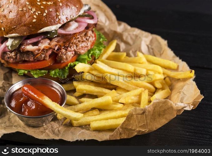 classic take away burger with fries ketchup. High resolution photo. classic take away burger with fries ketchup. High quality photo