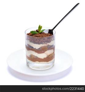 Classic tiramisu dessert in a glass cup on the plate on white background with clipping path embedded. Classic tiramisu dessert in a glass cup on the plate on white background with clipping path