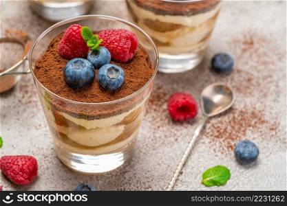 Classic tiramisu dessert with blueberries and raspberries in a glass and strainer with cocoa powder on concrete background or table. Classic tiramisu dessert with blueberries and raspberries in a glass and strainer with cocoa powder on concrete background
