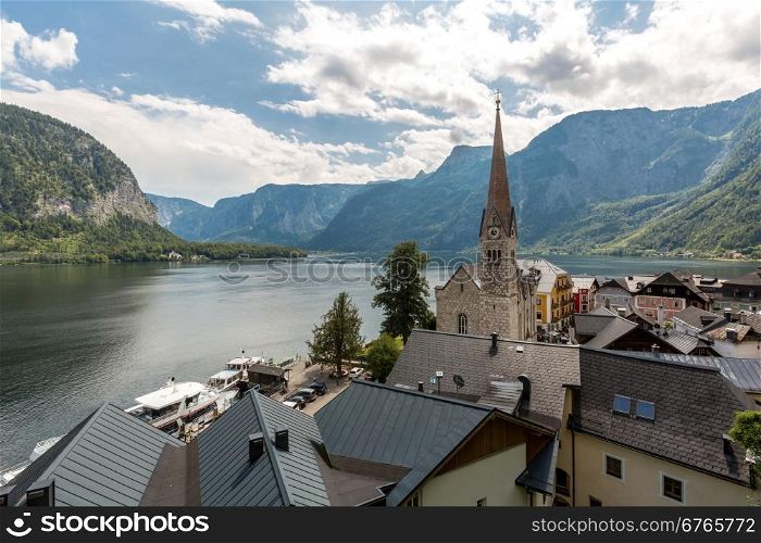 Classic view of Hallstatt village in Alps, Austria