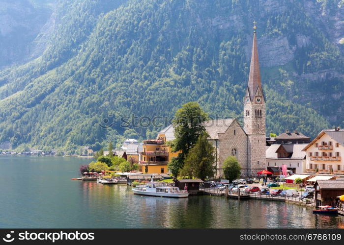 Classic view of Hallstatt village in Alps, Austria