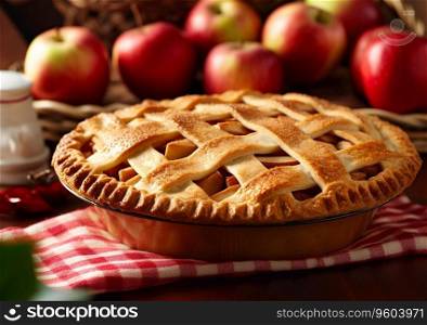 Classic warm apple pie with cinnamon on table with red apples.AI Generative