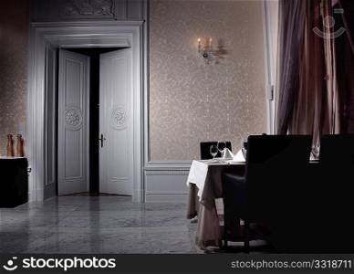 Classic white interior with open door