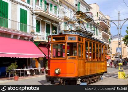 Classic wood tram train of Puerto de Soller in Mallorca island from Spain