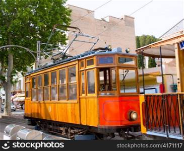 Classic wood tram train of Puerto de Soller in Mallorca island from Spain