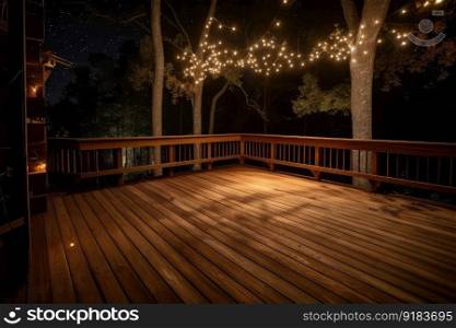 classic wooden deck with overhead view of the night sky, surrounded by twinkling stars, created with generative ai. classic wooden deck with overhead view of the night sky, surrounded by twinkling stars