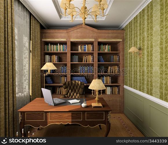 Classical design interior of cabinet. 3D render