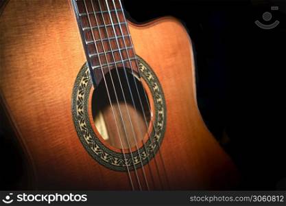 Classical guitar detail on black background