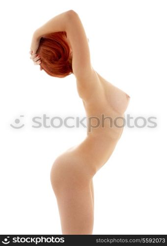 classical nude picture of healthy redhead over white
