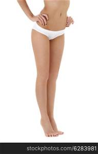 classical picture of long legs in white bikini panties