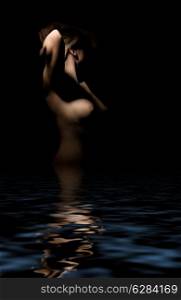classical picture of naked woman standing in dark water