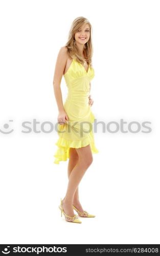 classical pin-up image of pretty lady in yellow dress over white