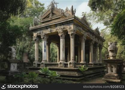 classical temple with pillars and intricate carvings, surrounded by lush greenery, created with generative ai. classical temple with pillars and intricate carvings, surrounded by lush greenery