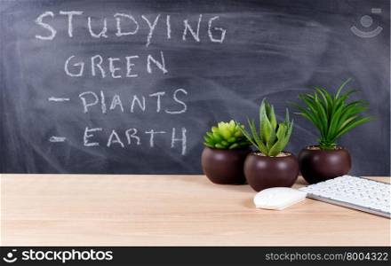 Classroom desktop displaying keyboard, mouse and plants with blackboard, writing about green topics, in background. Selective focus on front part of desk objects.