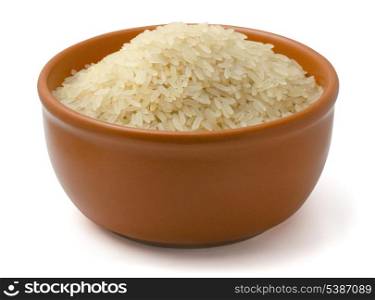 Clay bowl full of parboiled rice isolated on white