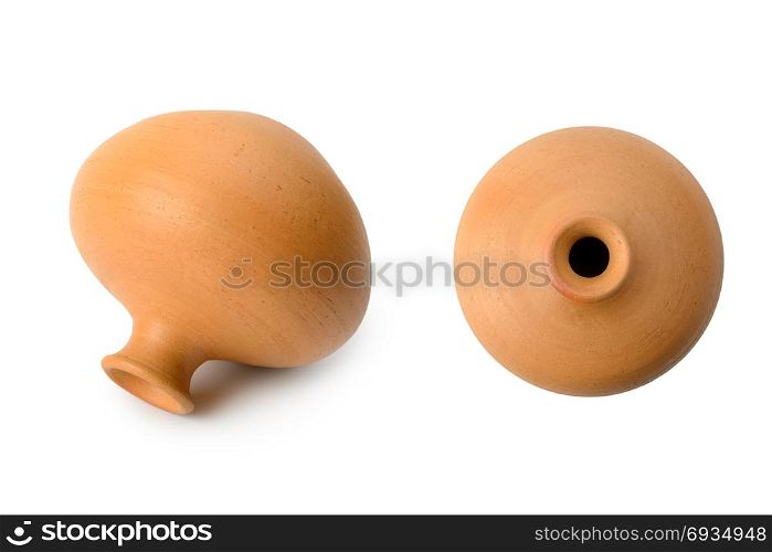 Clay jars from different angles isolated on white background. Side view and top view.
