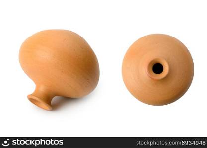 Clay jars from different angles isolated on white background. Side view and top view.