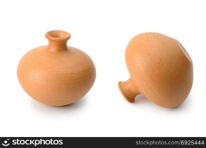 Clay jugs handmade from different angles isolated on white background.