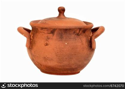 clay pot with a lid made of natural clay, isolated, close-up