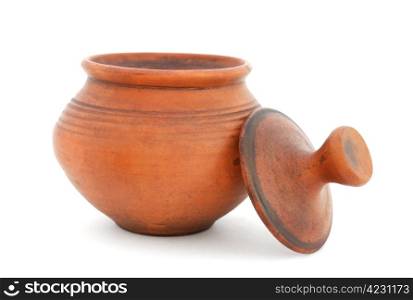 Clay pot with lid isolated on white background . Clay pot