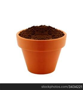 clay pot with Soil isolated on white background.