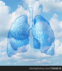Clean air quality concept and healthy breathing in a pollution free envoironment represented by human lungs in a summer sky background as a symbol of healthful living.