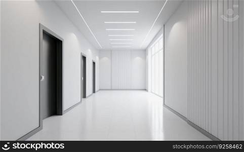 Clean and empty hallway background in white office. Generative AI AIG20.