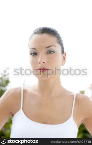 Clean beautiful brunette blue eyes woman outdoor portrait