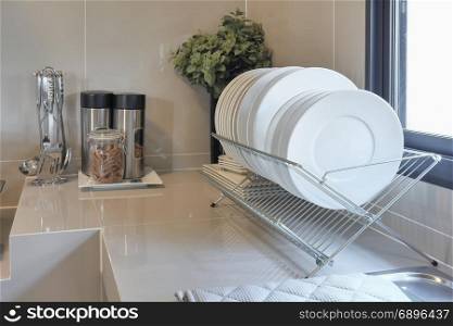 clean counter in kitchen with utensil at home