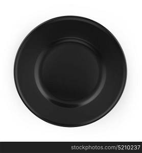 Clean flat black plate with shadow isolated in white background. 3D illustration.. Clean flat black plate
