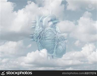 Clean heart and purity as a metaphor for faith honesty and integrity as a human organ in the sky with 3D illustration elements.