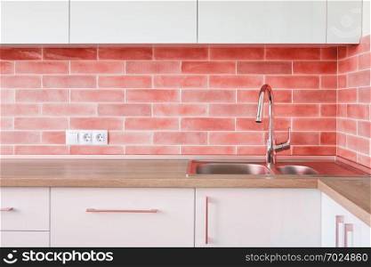 Clean interior design of modern kitchen with built-in kitchen appliances in a trend color of the year 2019 Living Coral Pantone.. Interior corner of the modern kitchen with steel sink and wall tiles in a trend color of the year 2019 Living Coral Pantone.