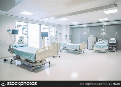 Clean Modern Bright Patients’ Hospital Room Interior with Beds. Generative ai. High quality illustration. Clean Modern Bright Patients’ Hospital Room Interior with Beds. Generative ai