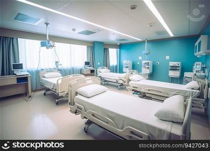 Clean Modern Bright Patients’ Hospital Room Interior with Beds. Generative ai. High quality illustration. Clean Modern Bright Patients’ Hospital Room Interior with Beds. Generative ai